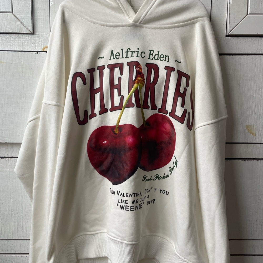 White Hoodie with Cherry Graphic
